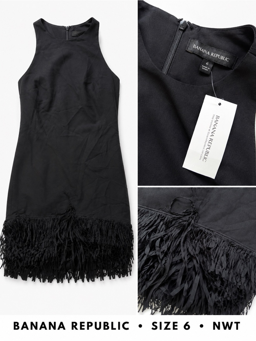 Banana Republic Black Fringe Hem Sleeveless Dress NWT Size 6